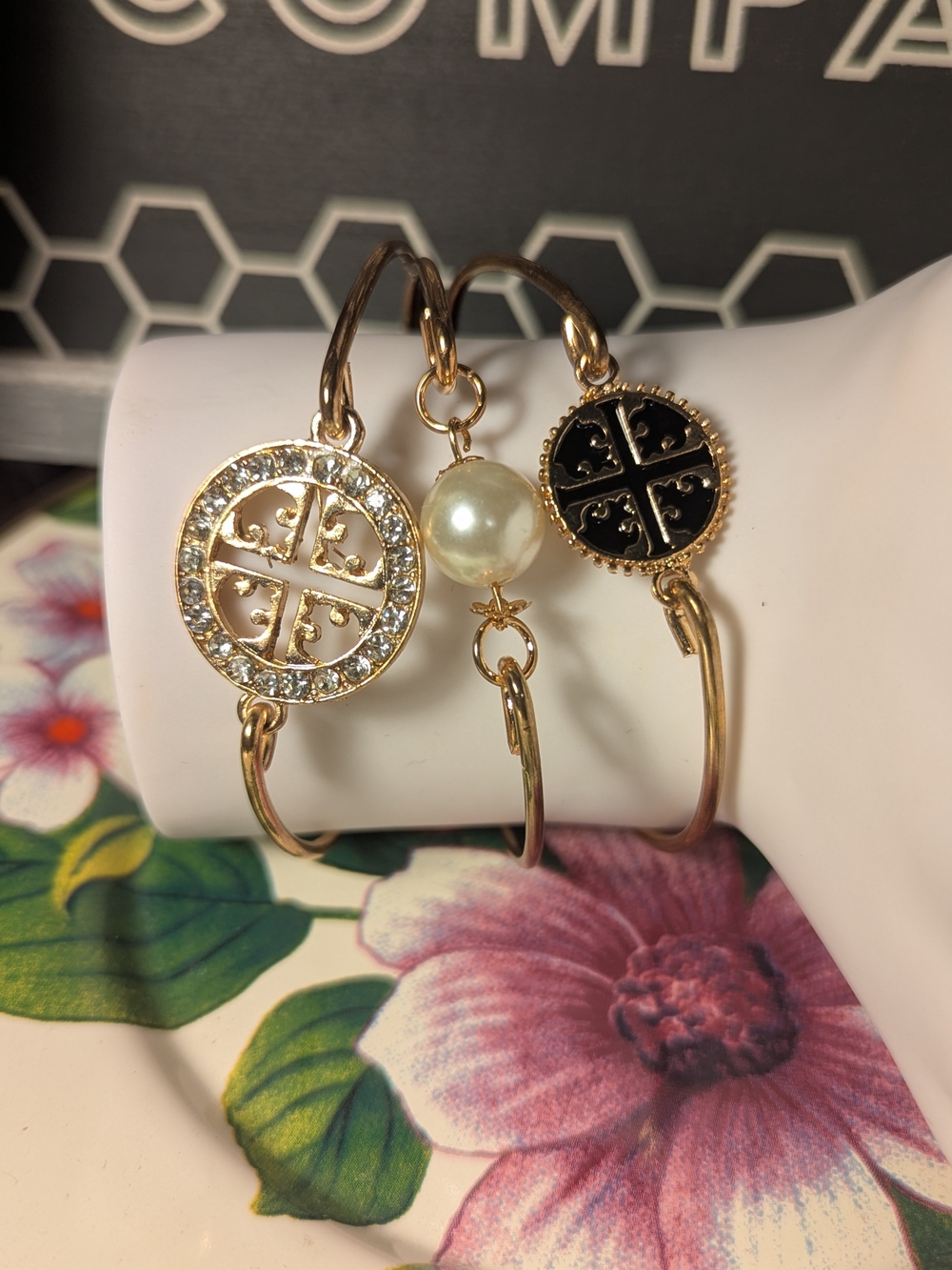 Gold Charm Bangle Bracelet Set with Pearl and Black Enamel Accent